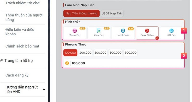 Hình thức nạp tiền Bsports qua Bank Online
