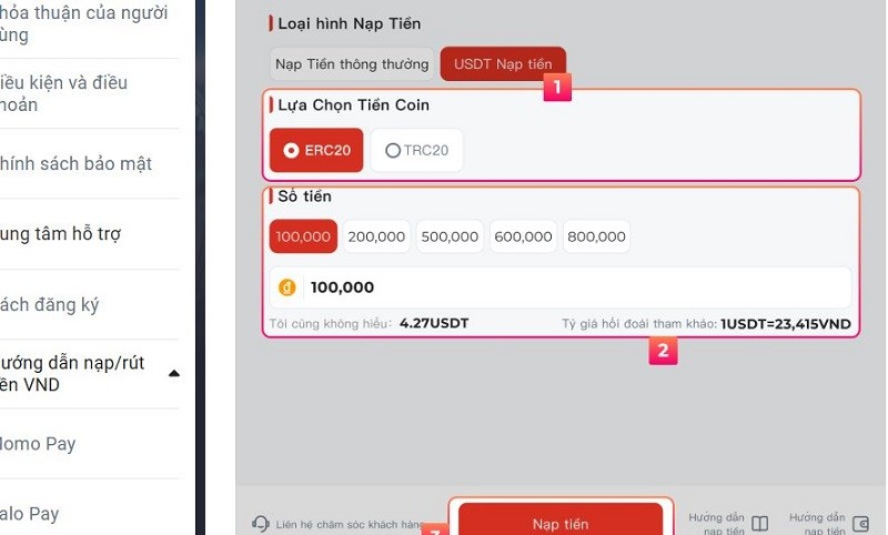 Các bước nạp tiền Bsports qua USDT
