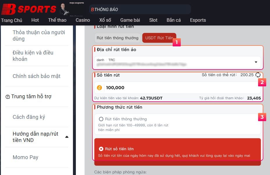Cách rút thưởng từ Bsports bằng hình thức USDT